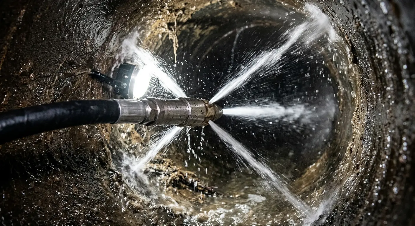 High-pressure hydro jetting nozzle cleaning sewer pipe for Trenchless Sewer Repair in Hawthorne