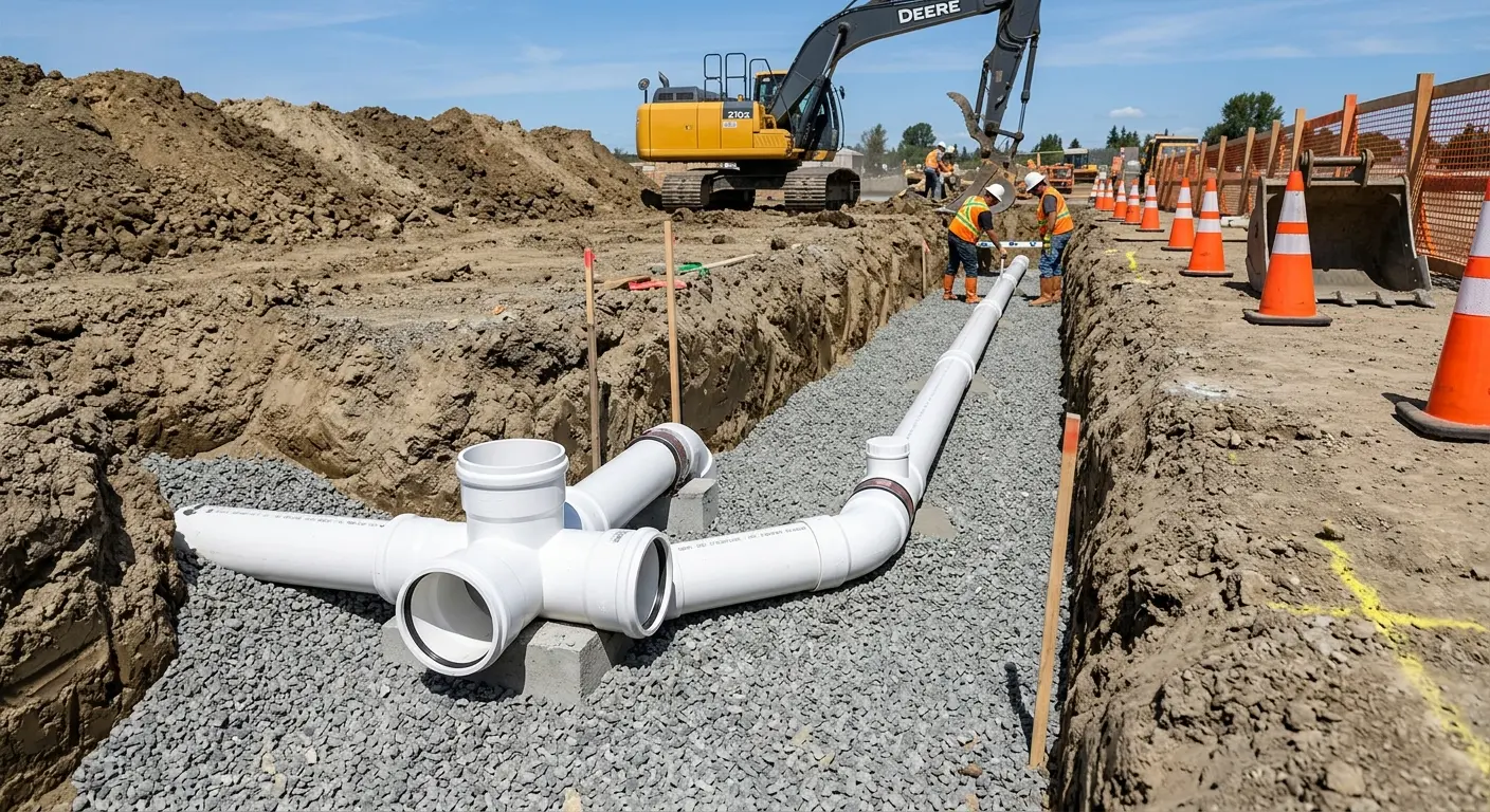 New PVC sewer pipe installation in open trench for Commercial Drain Cleaning in Hawthorne