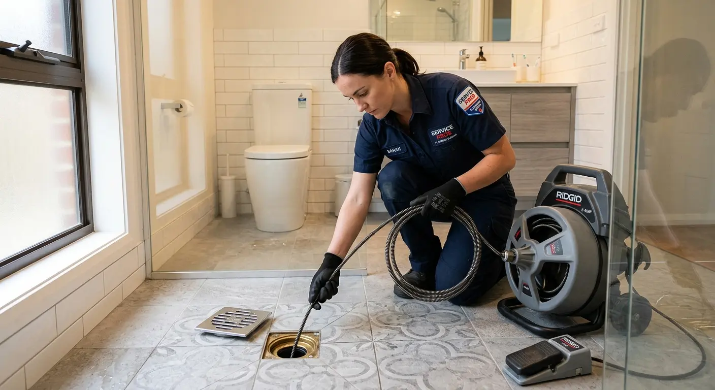Technician clearing a bathroom floor drain for Drain Cleaning in Hawthorne